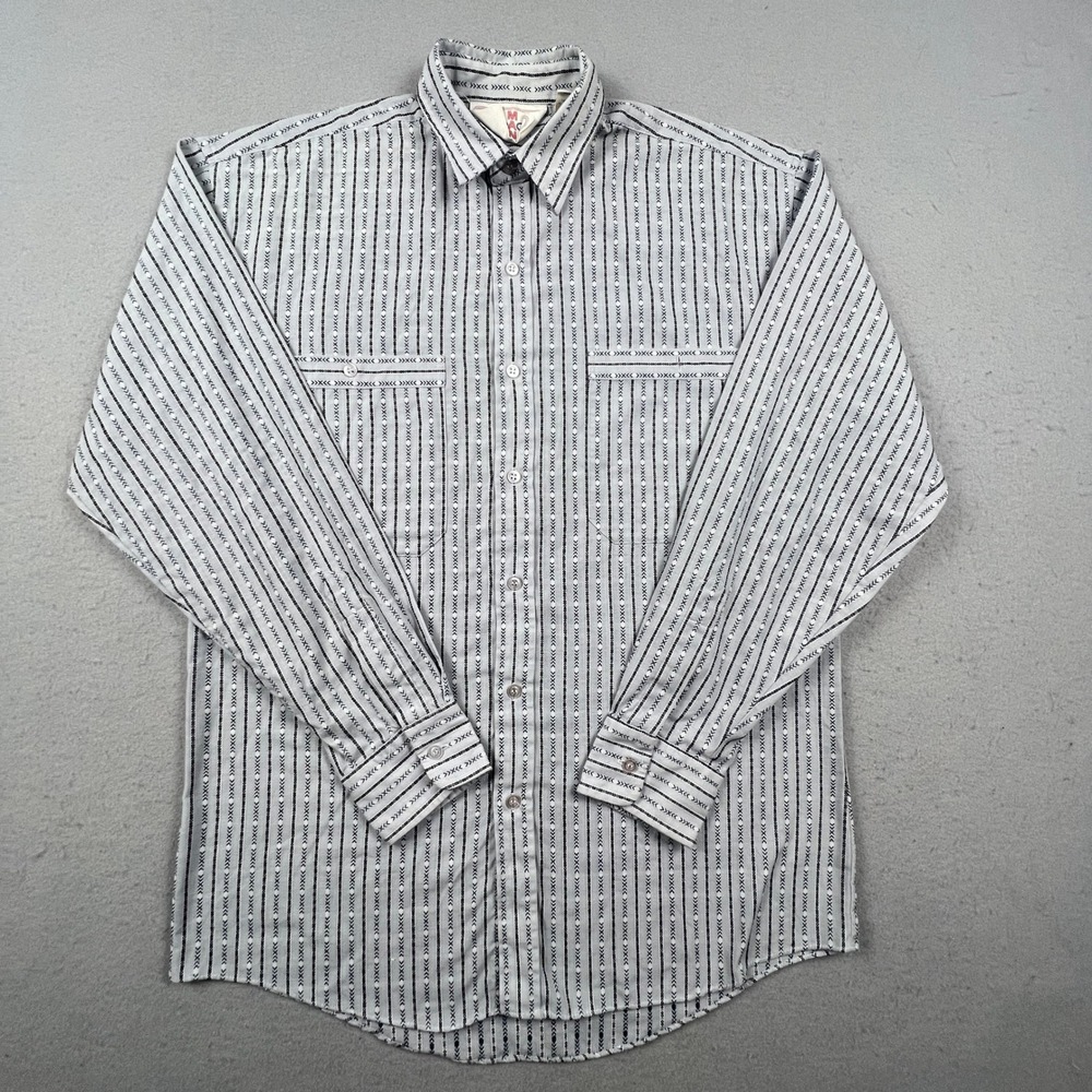 Jordache Man Button Up Shirt Mens Small Gray Striped Geometric Vintage 80s Boho